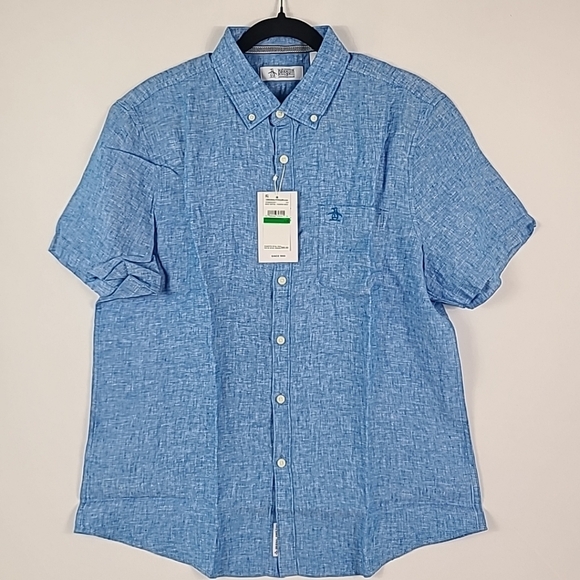 NWT Penguin Men's Cotton 100% Linen Blue Short Sleeve Shirt Sz L Retail $85 - Picture 1 of 7